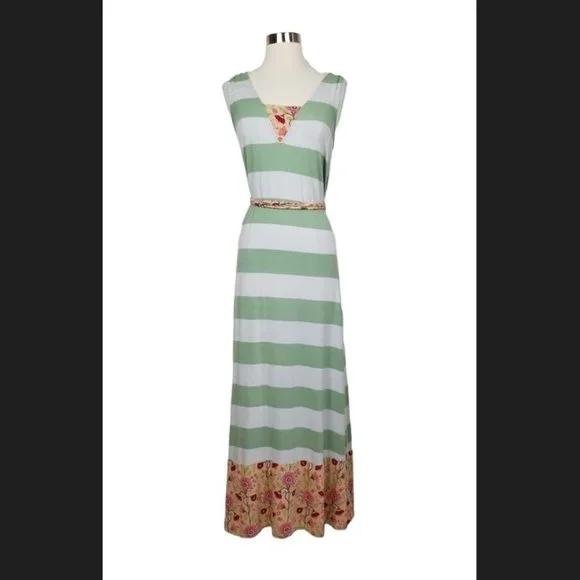 Matilda Jane Dresses | Matilda Jane Women's M - Green Striped Sleeveless Stretch Maxi Dress Seaside | Color: Green/White | Size: M | Lifeoasis's